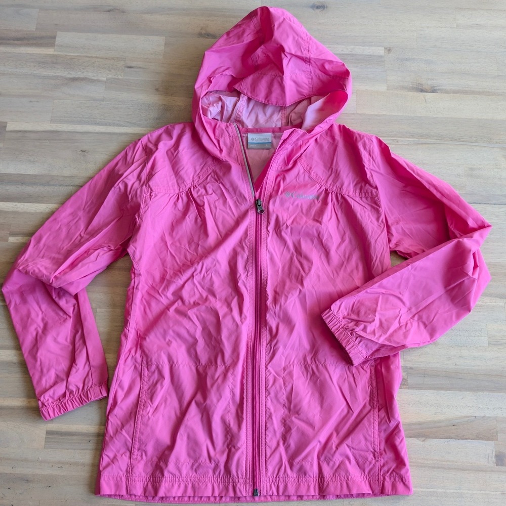 Columbia Girls Pink Windbreaker Jacket Hooded Full‎ Zip Nylon Shell Large 14/16